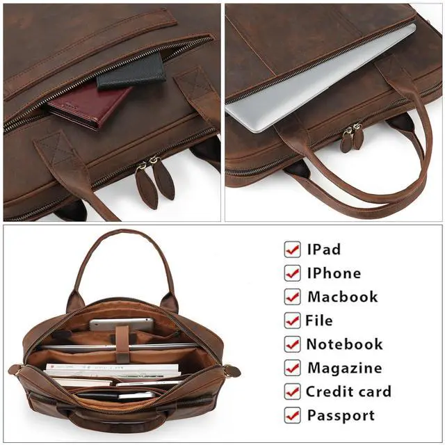Alt view image 4 of 5 - Blofinche Genuine Leather laptop briefcase mens 15.6 inch Computer Messenger shouledr work Satchel bags Coffee