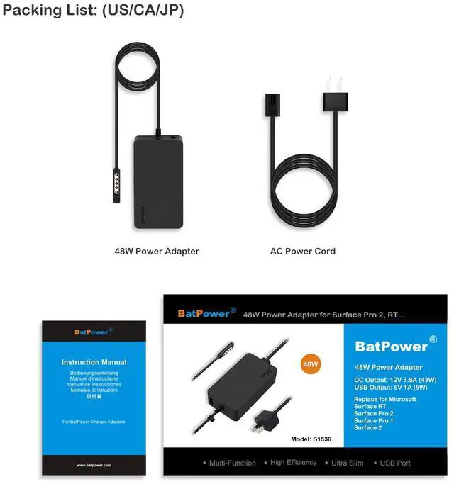 Alt view image 5 of 5 - BatPower 12V 3.6A Surface 48W Charger Compatible with Microsoft Surface Pro 2 1 Surface RT Tablet 1536 Power Supply Ac Adapter Cord, 5V 1A USB Charge for Tablet and Smartphone
