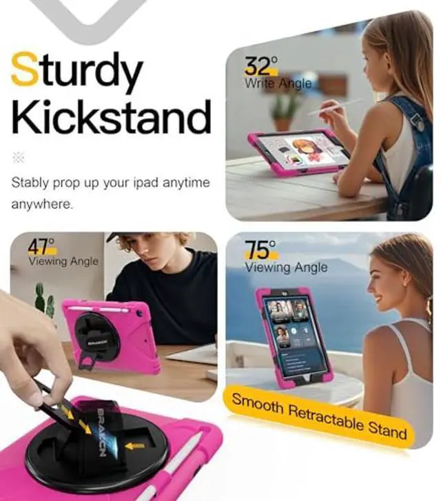 Alt view image 3 of 5 - BRAECN for iPad 2018 Case, iPad 9.7 Case, Protective Shockproof Rugged Kids Case with Pencil Holder, Kickstand, Hand Strap and Shoulder Strap for iPad 9.7 Inch 6th 5th Gen 2018/2017 Tablet -Rose
