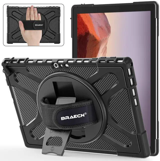 Main image of BRAECNstock for Microsoft Surface Pro 7+ Plus/ 7/6/ 5/4 Case 12.3 inch, Shockproof Rugged Protective Cover with Hand Strap+Stand, Pencil Holde, Compatible with Type Cover Keyboard, Black