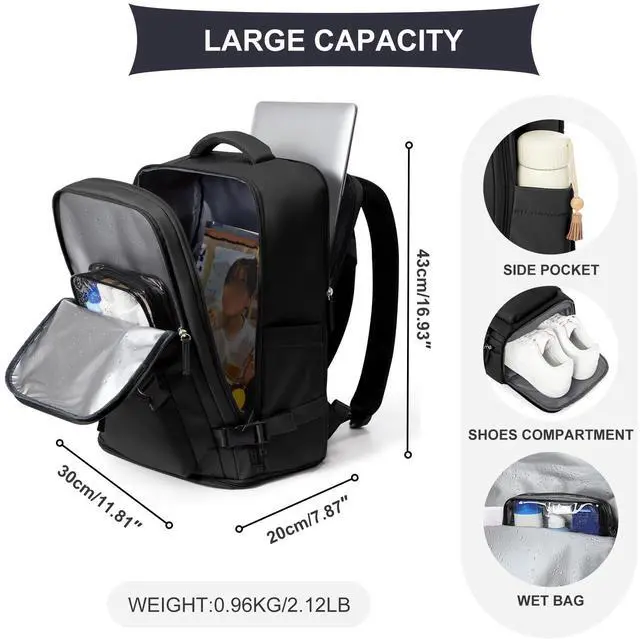 Alt view image 4 of 5 - coowoz Travel Backpack For Women Men Airline Approved,Black Carry On Backpack,Large Hiking Laptop College Backpacks Waterproof Outdoor Sports Rucksack Casual Daypack Fit 15.6 Inch Backpacks