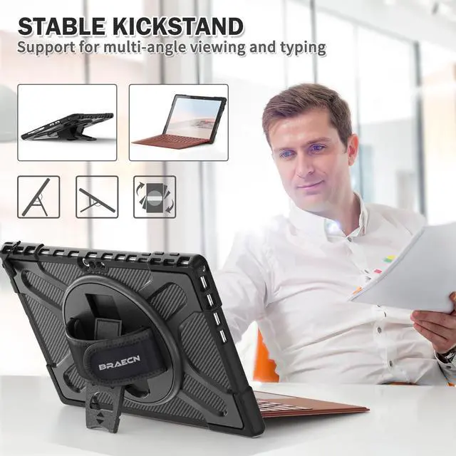 Alt view image 4 of 5 - BRAECNstock for Microsoft Surface Pro 7+ Plus/ 7/6/ 5/4 Case 12.3 inch, Shockproof Rugged Protective Cover with Hand Strap+Stand, Pencil Holde, Compatible with Type Cover Keyboard, Black