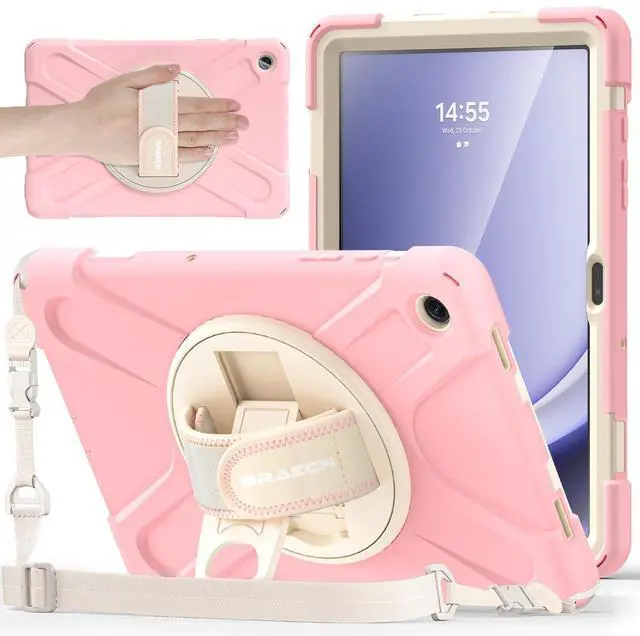 Main image of BRAECNstock Kids Case for Samsung Galaxy Tab A9+ Plus 11 inch (SM-X210/X216/X218) Shockproof Protective Tab A9+ 5G Case with Screen Protector Pen Holder [Rotating Hand Strap+Stand], Sakura Pink