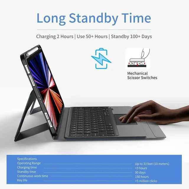 Alt view image 3 of 5 - Bokeer Keyboard Case for iPad Pro 11 3rd Generation 2021, Compatible with iPad Air 4 / iPad Pro 11 2018 & 2020, Shockproof Protective Case with Auto Wake/Sleep, Support Apple Pencil Wireless Charging