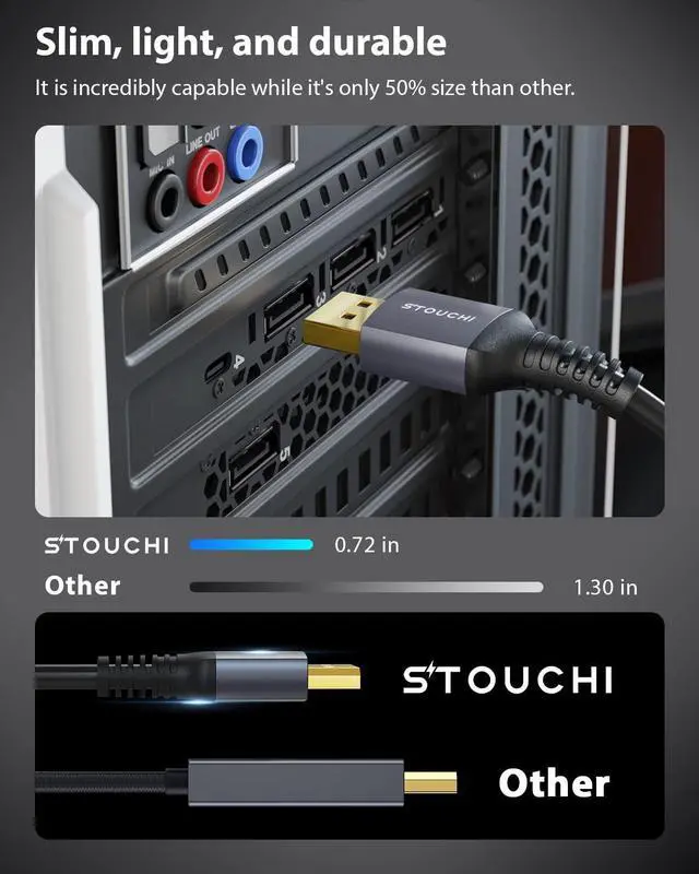 Alt view image 5 of 5 - Stouchi DisplayPort Cable 1.4, 8K DP Cable 32.4Gbps 8K@60Hz HBR3 4K@60Hz/144Hz/120Hz 5K@60Hz 1080P@240Hz Support FreeSync G-Sync HDR10 Display Port for Gaming Monitor Graphics Card (32 FT/ 10M)