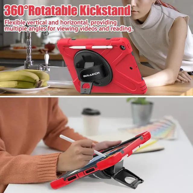 Alt view image 5 of 5 - BRAECNstock for Apple iPad 9th/ 8th/ 7th Generation Case 10.2" 2021/2020/2019 Shockproof Protective Case with Screen Protecter, Pencil Holder, 360deg Rotating Stand+Hand Strap, Shoulder Strap, Red