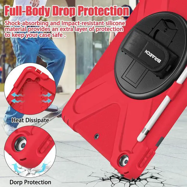 Alt view image 3 of 5 - BRAECNstock for Apple iPad 9th/ 8th/ 7th Generation Case 10.2" 2021/2020/2019 Shockproof Protective Case with Screen Protecter, Pencil Holder, 360deg Rotating Stand+Hand Strap, Shoulder Strap, Red