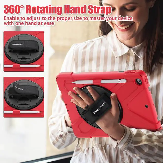 Alt view image 4 of 5 - BRAECNstock for Apple iPad 9th/ 8th/ 7th Generation Case 10.2" 2021/2020/2019 Shockproof Protective Case with Screen Protecter, Pencil Holder, 360deg Rotating Stand+Hand Strap, Shoulder Strap, Red