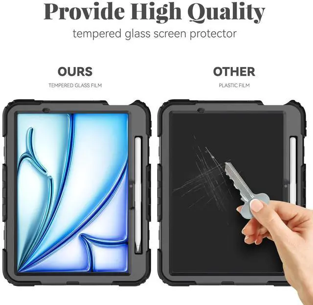 Alt view image 3 of 5 - BLOSOMEET Case for iPad Air 11 Inch M3 2025 & M2 2024 with Tempered Glass Screen Protector & Pencil Holder, iPad Case Air 11" 6th Generation (A2902,A2903,A2904) with Stand Hand Shoulder Strap (Black)