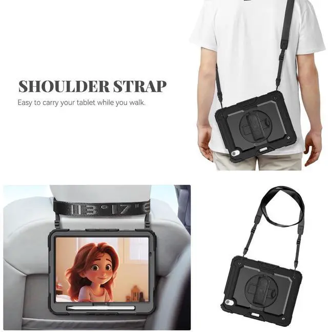 Alt view image 5 of 5 - BLOSOMEET Case for iPad Air 11 Inch M3 2025 & M2 2024 with Tempered Glass Screen Protector & Pencil Holder, iPad Case Air 11" 6th Generation (A2902,A2903,A2904) with Stand Hand Shoulder Strap (Black)