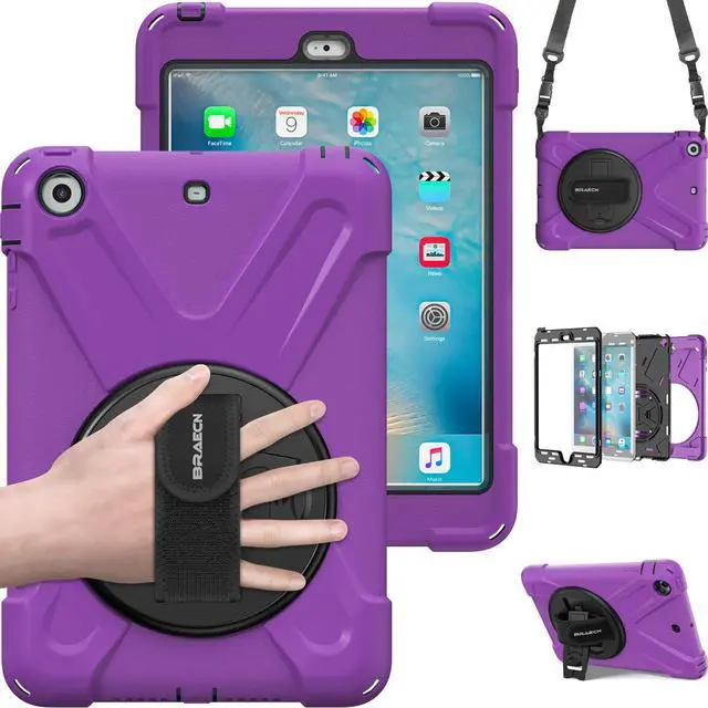 Main image of BRAECN for iPad mini 2 Case 7.9 inch with 360 Degree Rotating Stand/Hand and Shoulder Strap for iPad mini 3/2/1 Rugged Hybrid Tablet Case (Purple)