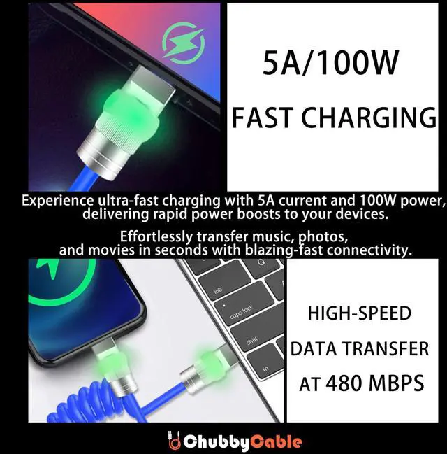 Alt view image 5 of 5 - chubbycable Neon Chubby - Neon Glow Fast Charge Spring Cable with Gradient Illumination Coiled USB C Cable for Car, Orange, Type-C to Type-C, 1.64FT-4.43FT