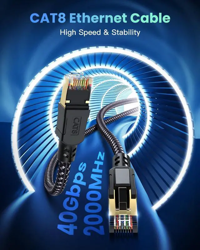 Alt view image 2 of 5 - BUSOHE Cat 8 Ethernet Cable 100 FT, High Speed 40Gbps 2000Mhz Braided Network Internet Cable with Gold Plated RJ45 Connector, Heavy Duty LAN Cable S/FTP UV Resistant for Router/Gaming/PC, 40 Clips