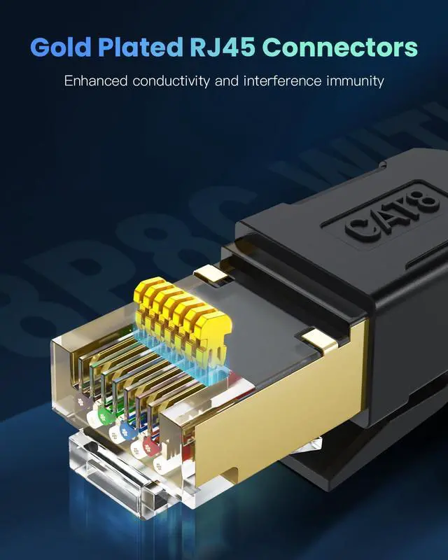 Alt view image 4 of 5 - BUSOHE Cat 8 Ethernet Cable 100 FT, High Speed 40Gbps 2000Mhz Braided Network Internet Cable with Gold Plated RJ45 Connector, Heavy Duty LAN Cable S/FTP UV Resistant for Router/Gaming/PC, 40 Clips