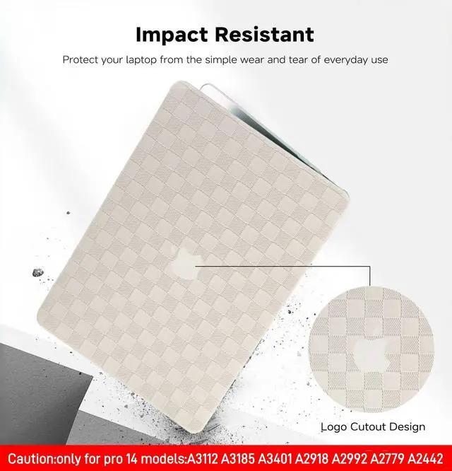 Alt view image 4 of 5 - BYCeKe Compatible with MacBook Pro 14 inch Case 2024-2021 M4 M3 M2 M1 A3112 A3185 A3401 A2918 A2992 A2779 A2442,Checkered Textured Cream Leather Hard Shell Case & Keyboard Cover for Mac Pro 14,Beige
