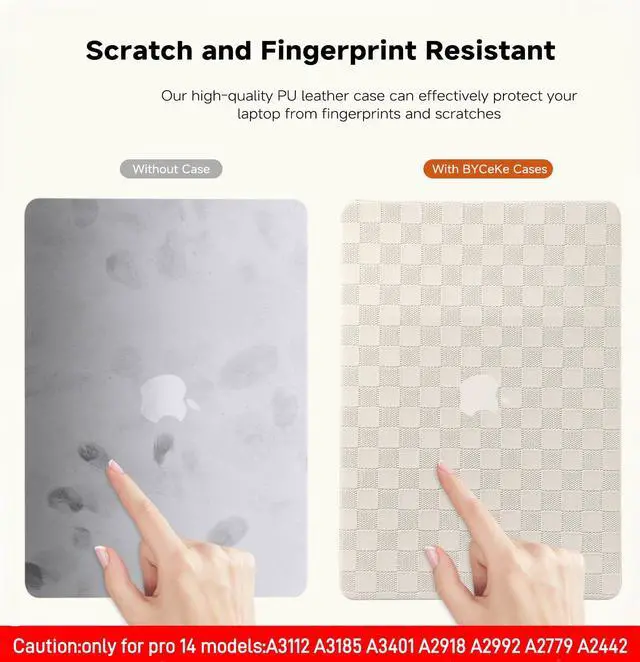 Alt view image 5 of 5 - BYCeKe Compatible with MacBook Pro 14 inch Case 2024-2021 M4 M3 M2 M1 A3112 A3185 A3401 A2918 A2992 A2779 A2442,Checkered Textured Cream Leather Hard Shell Case & Keyboard Cover for Mac Pro 14,Beige