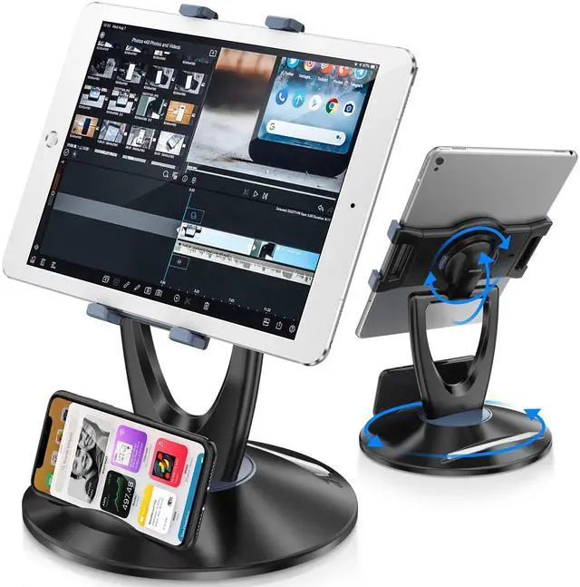 Main image of DeskLogics iPad Tablet Stand Holder for Desk - 6 inch to 13 inch - Stable, Adjustable - 360deg Swivel Angle Pen Phone iPad Stand for Store, Retail Kiosk, Reception, Home Office, Gift Ideas - Black