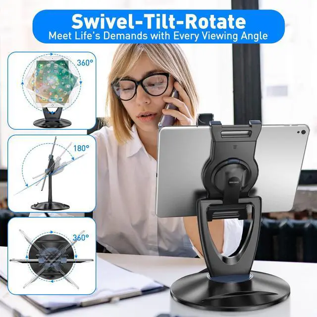 Alt view image 4 of 5 - DeskLogics iPad Tablet Stand Holder for Desk - 6 inch to 13 inch - Stable, Adjustable - 360deg Swivel Angle Pen Phone iPad Stand for Store, Retail Kiosk, Reception, Home Office, Gift Ideas - Black