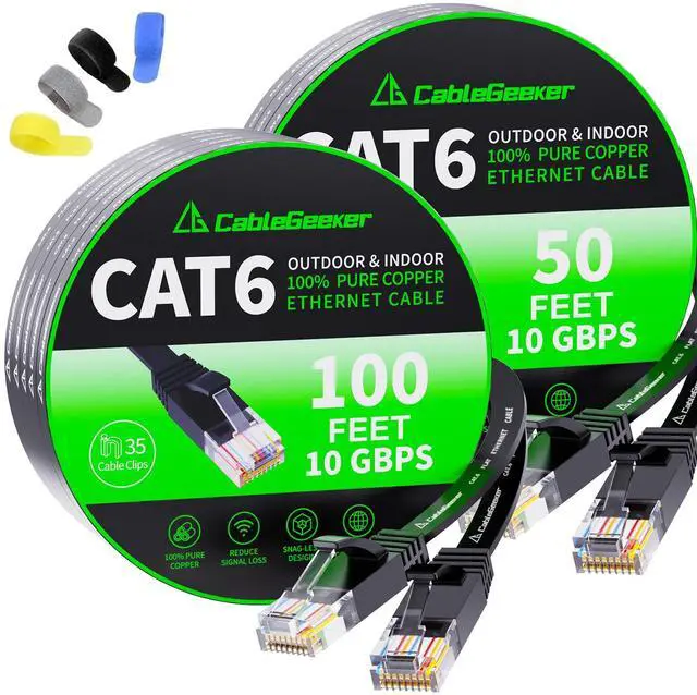 Main image of CableGeeker Cat6 Flat 100ft Black & Flat 50ft Black Ethernet Cable