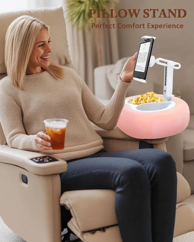 Alt view image 2 of 5 - DNIWS Adjustable Tablet Pillow Stand with 360deg Rotating Holder, Detachable Snack Tray & Storage Pockets, Soft Washable Velvet for 5-12.9 Inch Devices