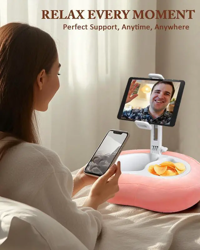 Alt view image 3 of 5 - DNIWS Adjustable Tablet Pillow Stand with 360deg Rotating Holder, Detachable Snack Tray & Storage Pockets, Soft Washable Velvet for 5-12.9 Inch Devices