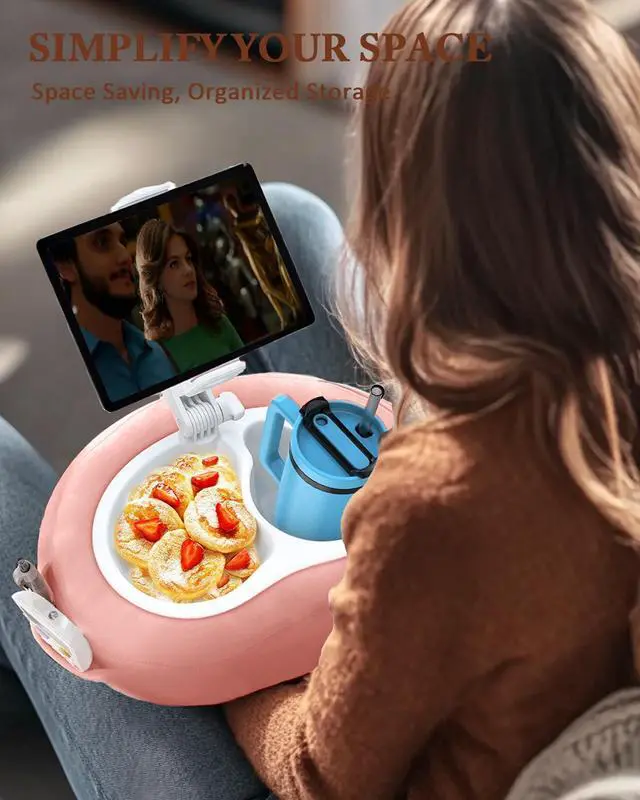 Alt view image 4 of 5 - DNIWS Adjustable Tablet Pillow Stand with 360deg Rotating Holder, Detachable Snack Tray & Storage Pockets, Soft Washable Velvet for 5-12.9 Inch Devices