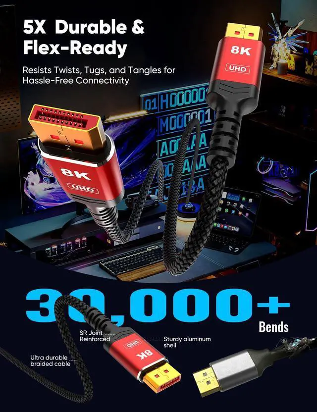 Alt view image 5 of 5 - Capshi 8K 4K DisplayPort Cable 1.4, 15FT DP Cord (VESA Certified, 8K@60Hz, 4K@144Hz, 2K@240Hz/165Hz), 32.4Gbps High Speed Display Port Cable for Gaming Monitor, HDR/FreeSync/G-Sync, Braided, Red