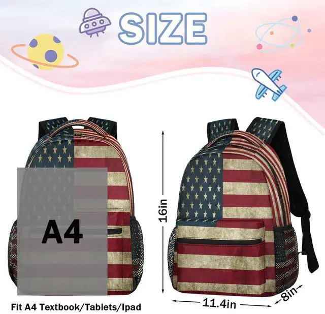 Alt view image 2 of 5 - American Flag Backpack for School, Retro Rustic Patriotic USA Flag Laptop Backpack Water Resistant Bookbag for Casual Travel Hiking Camping Outdoor Daypack Shoulder Bag for Teenager Boys Girls Kid