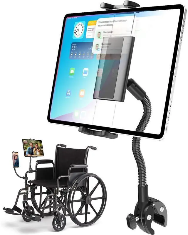 Main image of Charchendo Tablet Holder for Wheelchair Handle, Wheelchair Phone Tablet Mount with 9.45" Aluminum Arm 360deg Rotation Adjustment Compatible with 4-13'' iPad Pro/Air/Mini, iPhones, Galaxy Z, E-Book