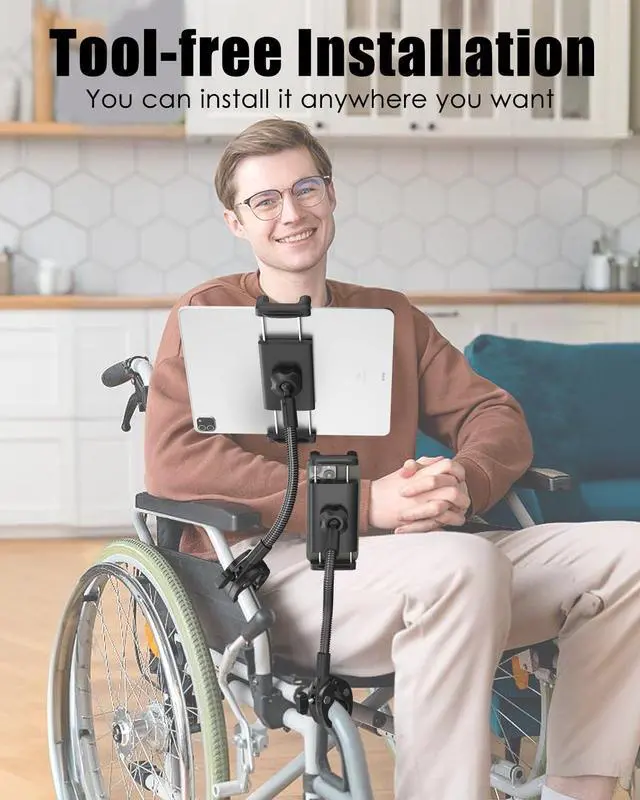 Alt view image 3 of 5 - Charchendo Tablet Holder for Wheelchair Handle, Wheelchair Phone Tablet Mount with 9.45" Aluminum Arm 360deg Rotation Adjustment Compatible with 4-13'' iPad Pro/Air/Mini, iPhones, Galaxy Z, E-Book