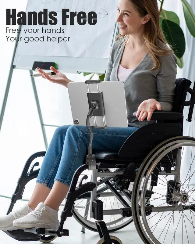 Alt view image 2 of 5 - Charchendo Tablet Holder for Wheelchair Handle, Wheelchair Phone Tablet Mount with 9.45" Aluminum Arm 360deg Rotation Adjustment Compatible with 4-13'' iPad Pro/Air/Mini, iPhones, Galaxy Z, E-Book