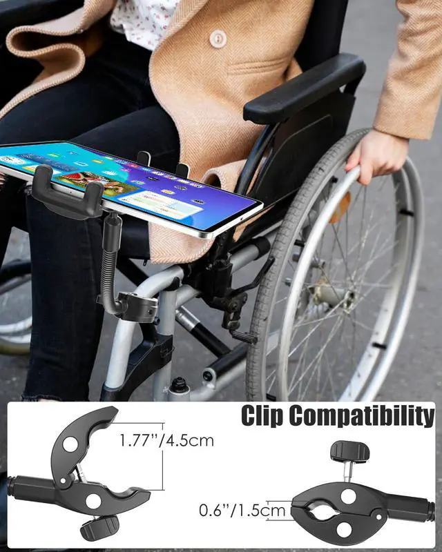 Alt view image 5 of 5 - Charchendo Tablet Holder for Wheelchair Handle, Wheelchair Phone Tablet Mount with 9.45" Aluminum Arm 360deg Rotation Adjustment Compatible with 4-13'' iPad Pro/Air/Mini, iPhones, Galaxy Z, E-Book