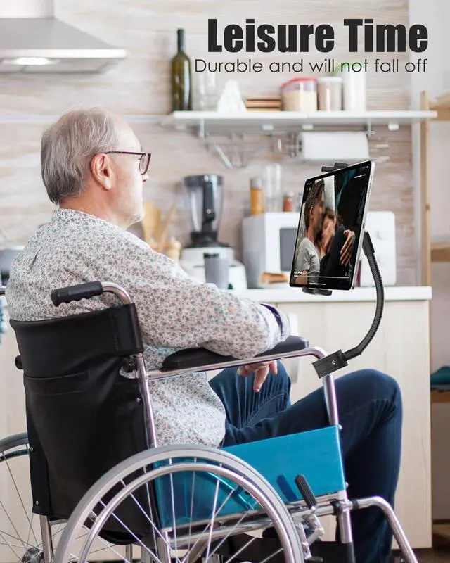 Alt view image 4 of 5 - Charchendo Tablet Holder for Wheelchair Handle, Wheelchair Phone Tablet Mount with 9.45" Aluminum Arm 360deg Rotation Adjustment Compatible with 4-13'' iPad Pro/Air/Mini, iPhones, Galaxy Z, E-Book