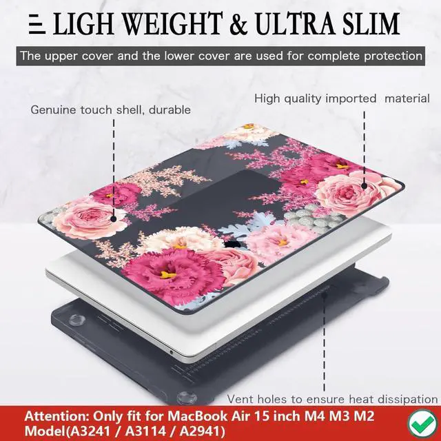 Alt view image 4 of 5 - CISSOOK Floral Case Cover for MacBook Air 15 Inch 2023 2024 2025 Release A2941 A3114 A3241, Plastic Hard Shell Case with Keyboard Cover USB Adapter for MacBook Air 15" M2 M3 M4, Gorgeous Flowers