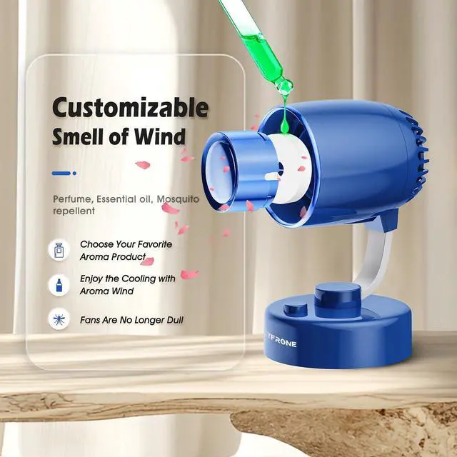 Alt view image 3 of 5 - Cyfrone Portable Small Aroma Desk Fan - USB-C Rechargeable 4000mAh 4 Speeds Mini Quiet Table Fans Tilt Adjustable for Bedroom Office & Home, 9H (Blue)