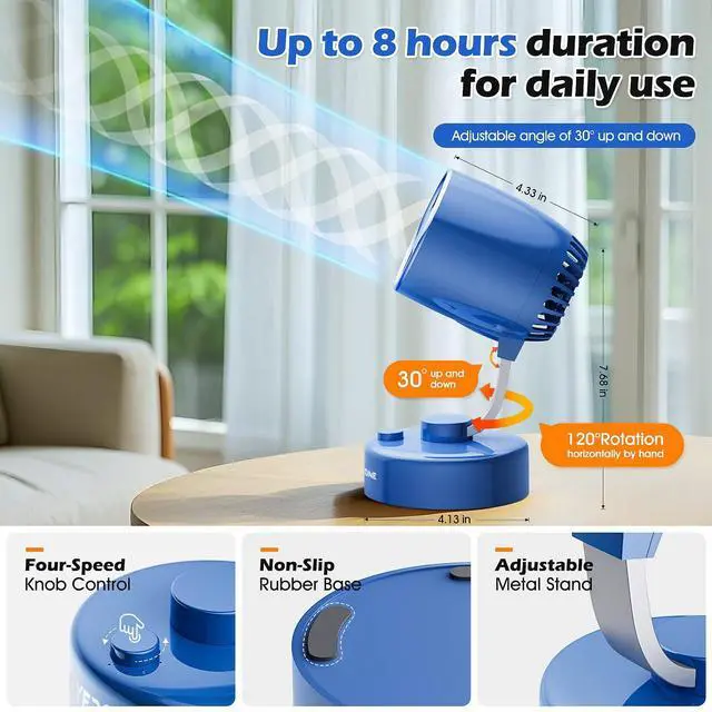 Alt view image 5 of 5 - Cyfrone Portable Small Aroma Desk Fan - USB-C Rechargeable 4000mAh 4 Speeds Mini Quiet Table Fans Tilt Adjustable for Bedroom Office & Home, 9H (Blue)
