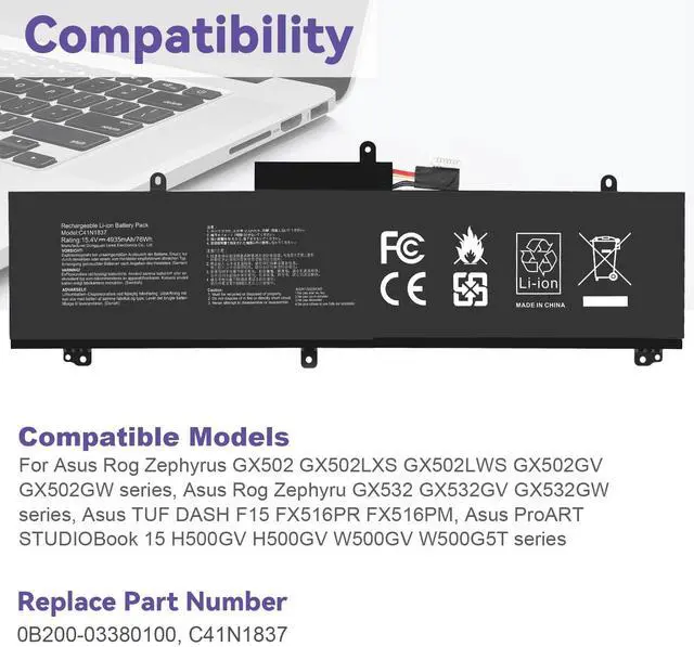 Alt view image 4 of 5 - C41N1837 Laptop Battery for ASUS ROG Zephyrus G15 GA501I GA502 GA502D GA502DU GA502GU GA502IV GU502 GU502DU GX502GW GX532GV GU532GW GU502LU GU502LW GU502LV GX502LXS GX502GV GX502GW 0B200-03380100