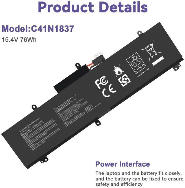 Alt view image 3 of 5 - C41N1837 Laptop Battery for ASUS ROG Zephyrus G15 GA501I GA502 GA502D GA502DU GA502GU GA502IV GU502 GU502DU GX502GW GX532GV GU532GW GU502LU GU502LW GU502LV GX502LXS GX502GV GX502GW 0B200-03380100