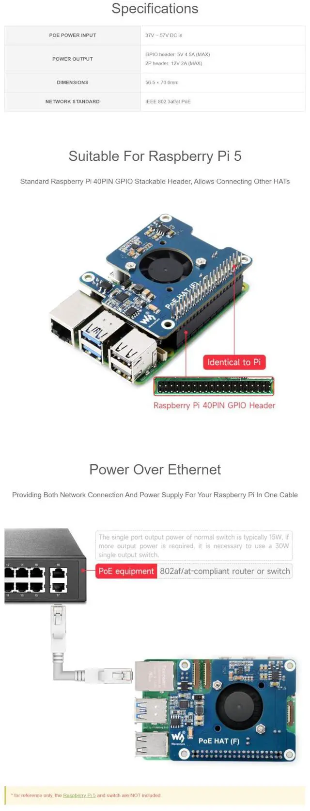 Alt view image 5 of 5 - PoE HAT (F) for Raspberry Pi 5 / CM 5, 802.3af/at Compliant, High Power Output, Active Cooling Fan, Metal Heatsink, 5V/12V Header, Stackable Design