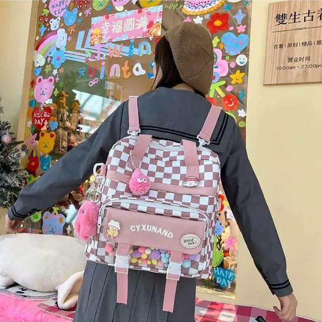 Alt view image 2 of 5 - Cyxunand Kawaii Japanese Messenger Bag Cute School Bags Multifunction Laptop Backpack,Shoulder Bag Backpacks Travel Plaid Totes