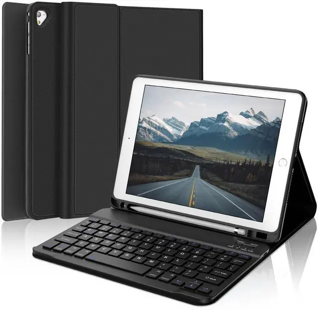 Main image of D DINGRICH Keyboard Case for iPad 6th/5th Generation 9.7 inch, Slim Folio Smart Case with Pencil Holder for iPad Air 2, Rechargeable, Detachable Wireless Keyboard with 7 Color Backlit for iPad Pro 9.7