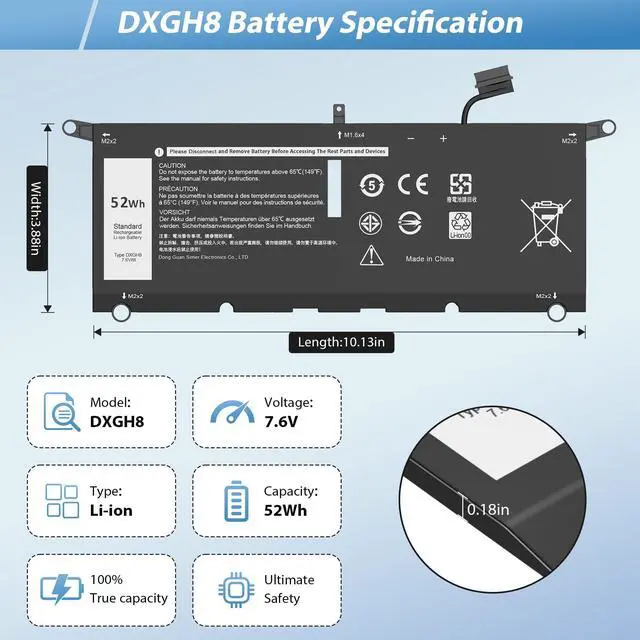 Alt view image 2 of 5 - DXGH8 Battery for Dell XPS 13 9370 9380 I nspiron 13 7390 2-in-1 7391 2-in-1 5390 5391 14 7490 Latitude 3301 E3301 Vostro 5390 5391 Series 0H754V H754V G8VCF G8VCF6C P113G001 P82G P82G001 7.6V 52Wh