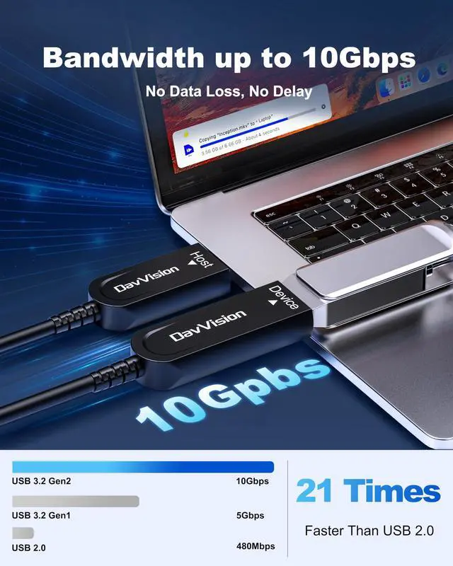 Alt view image 2 of 5 - DavVision USB 3.2 Extension Cable 33 FT, Fiber Optic USB Cable 10Gbps Male to Female, Ultra Long Distance for Business Solution,Security Surveillance,VR/AR,Video Conference,3D Scanning,Machine Vision