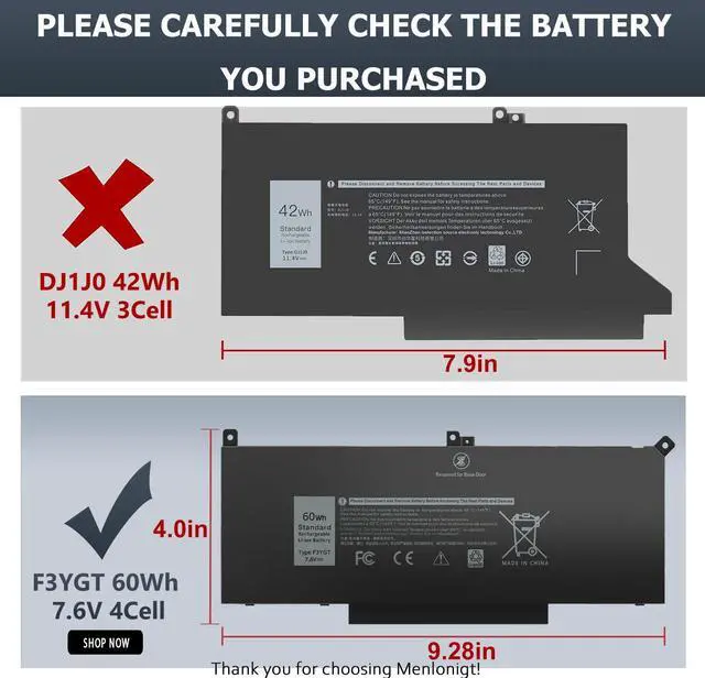 Alt view image 2 of 5 - 7480 F3YGT 2X39G 60WH Laptop Battery for Dell Latitude 12 7000 7280 7290 13 7000 7380 7390 P29S002 14 7000 7480 7490 E7280 E7480 E7490 E7290 E7380 Battery fits Dell 453-BBCF 451-BBYE KG7VF DM3WC DM6WC