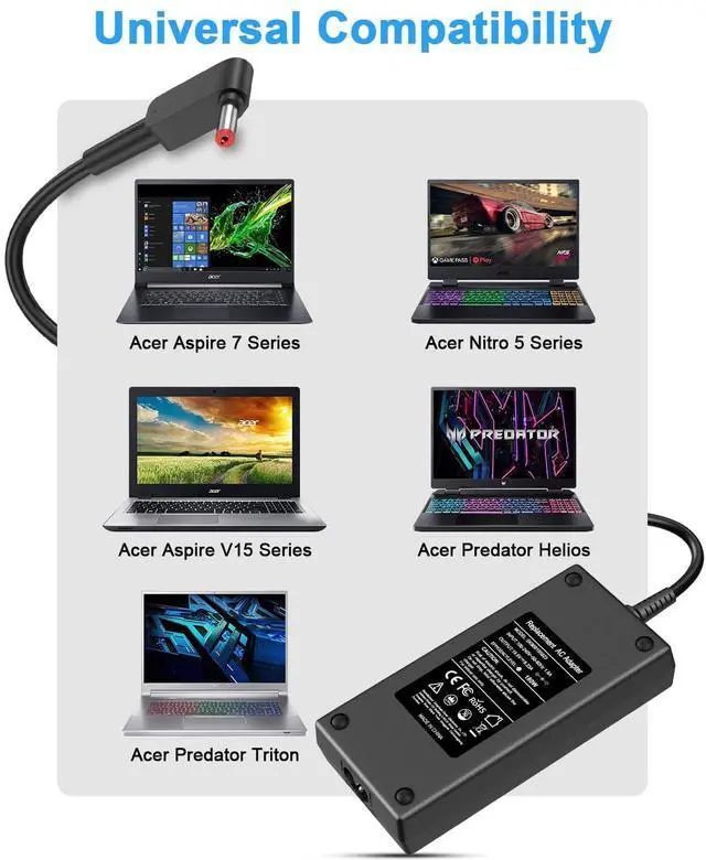 Alt view image 3 of 5 - 180W 135W AC Charger for Acer Predator Helios 300 PH315-52 G3-571 PH315-51 PH317-51 G3-572 AN517-51 AN515-54 AN515-55 Triton 300 500 Nitro 5 7 Gaming Laptop Power Adapter Cord ADP-180MB K ADP-135KB T