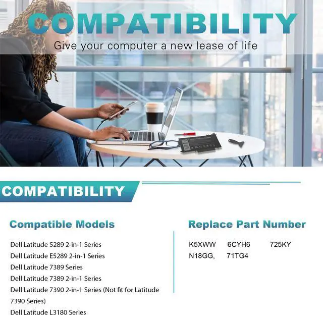 Alt view image 3 of 5 - TREE.NB New K5XWW Laptop Battery for Dell Latitude 5289 7389 7390 2-in-1 Series Latitude 12 5000 E5289 L3180 Series P29S001 P29S002 725KY 71TG4 N18GG 6CYH6 J0PGR