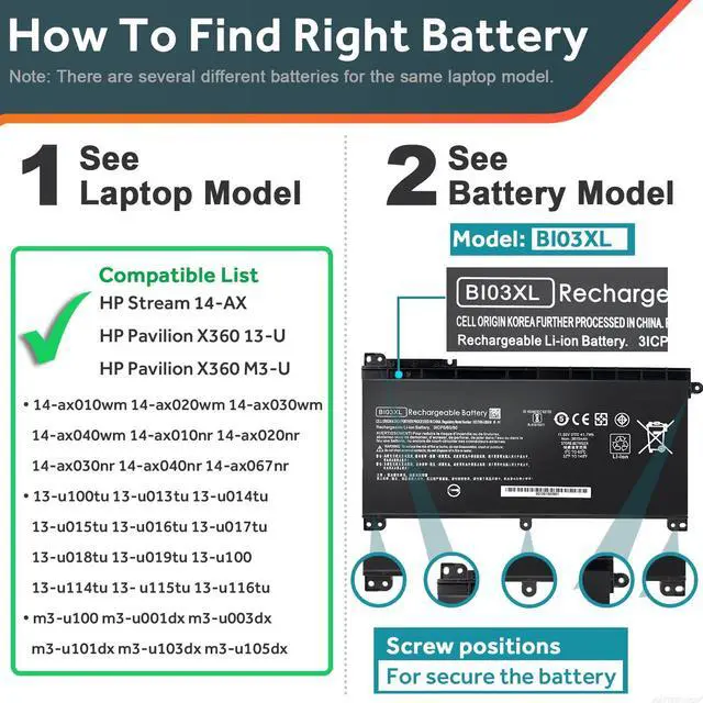 Alt view image 4 of 5 - BI03XL Battery for HP Pavilion X360 M3-U 13-U M3-U001DX M3-U103DX 13-U100TU 13-U100TU 13-U118TU Stream 14-AX 14-ax010nr 14-ax020wm 14-ax030wm TPN-W118 Laptop ON03XL HSTNN-LB7P HSTNN-UB6W 843537-541