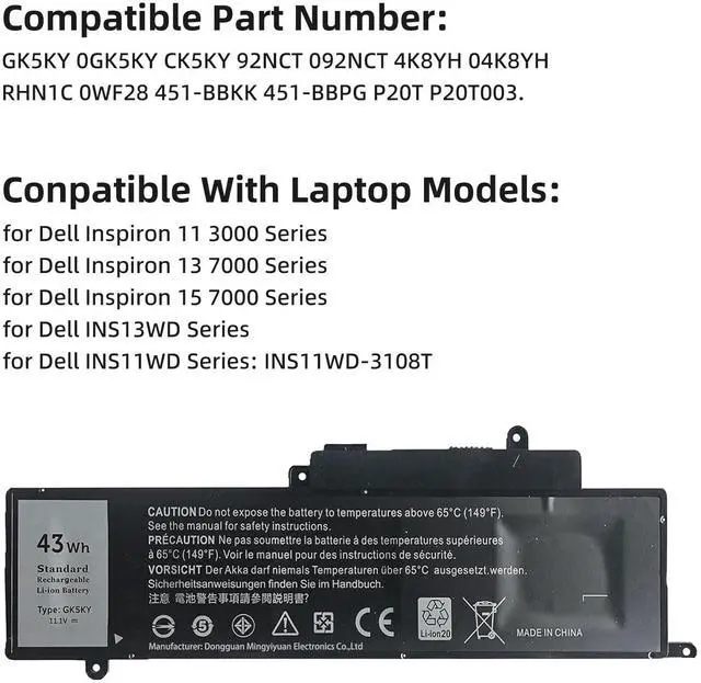 Alt view image 3 of 5 - YXKC GK5KY Battery for Dell Inspiron 11 3000 Series 3147 3148 3153 3152 3157 3158 15 7000 7558 7568 13 7353 7359 7347 7348 7352 4K8YH 92NCT 04K8YH RHN1C 0WF28 P20T P20T001 P55F P55F001 451-BBKK
