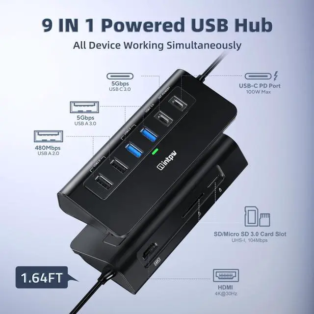 Alt view image 2 of 5 - USB C Hub, INTPW 9-in-1 USB C to HDMI Adapter with 4K HDMI, PD 100W, USB-C and 2 USB A 3.0 5Gbps, 2 USB A 2.0, SD/TF Slots for MacBook Pro/Air, iPad Pro, iPhone 15/16 Series and Other Type C Devices