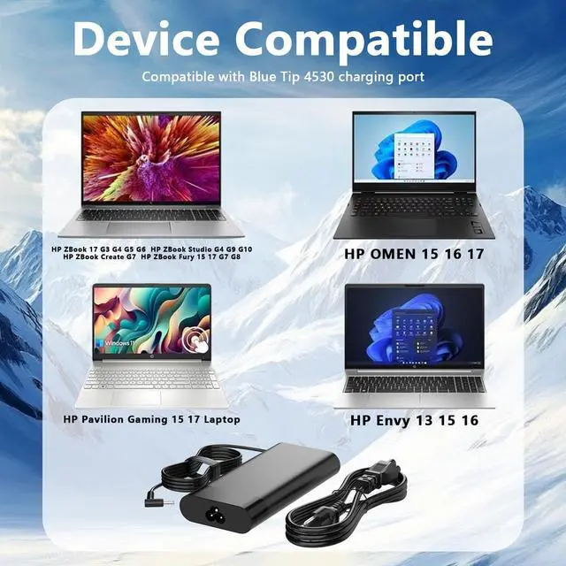 Alt view image 3 of 5 - 200W AC Adapter Compatble with HP Victus Gaming 15 16 Omen Gaming 15 17 Pavilion 15 17 ZBook Fury Studio 15 17 Envy Power Supply Cord